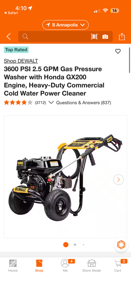 Dewalt 3600 PSI 2.5 GPM Honda GX200 Gas Pressure Washer