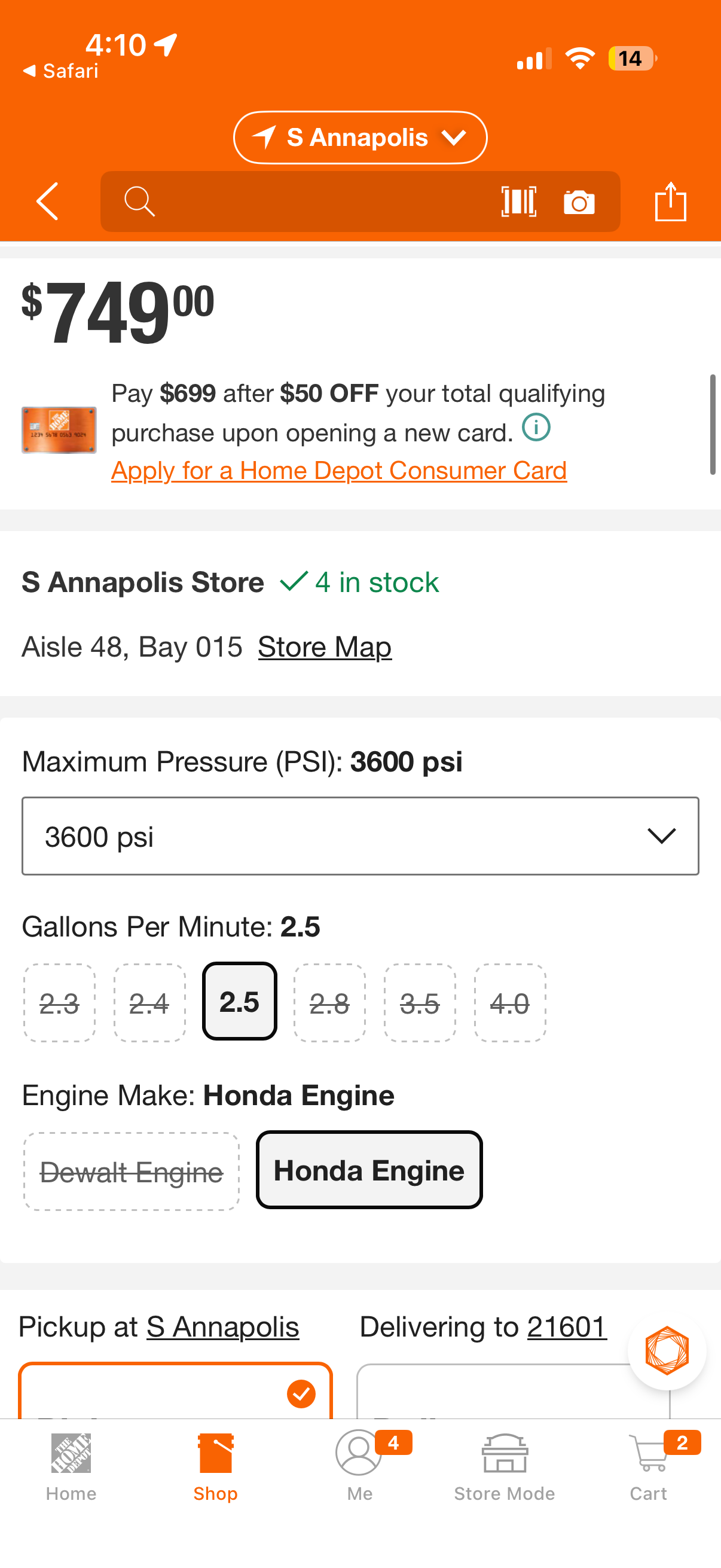 Dewalt 3600 PSI 2.5 GPM Honda GX200 Gas Pressure Washer