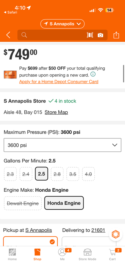 Dewalt 3600 PSI 2.5 GPM Honda GX200 Gas Pressure Washer