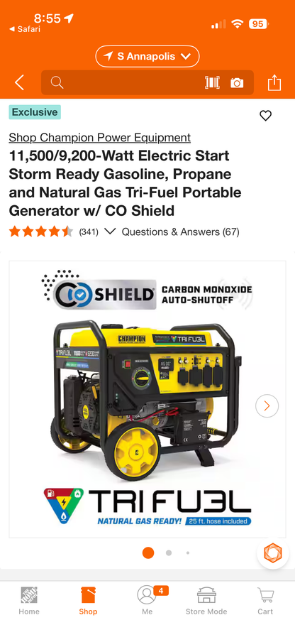 Champion 11,500/9200W Electric Start Tri-Fuel Portable Generator
