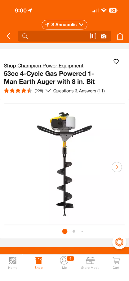 Champion 8” 53cc 4-Cycle Gas Earth Auger