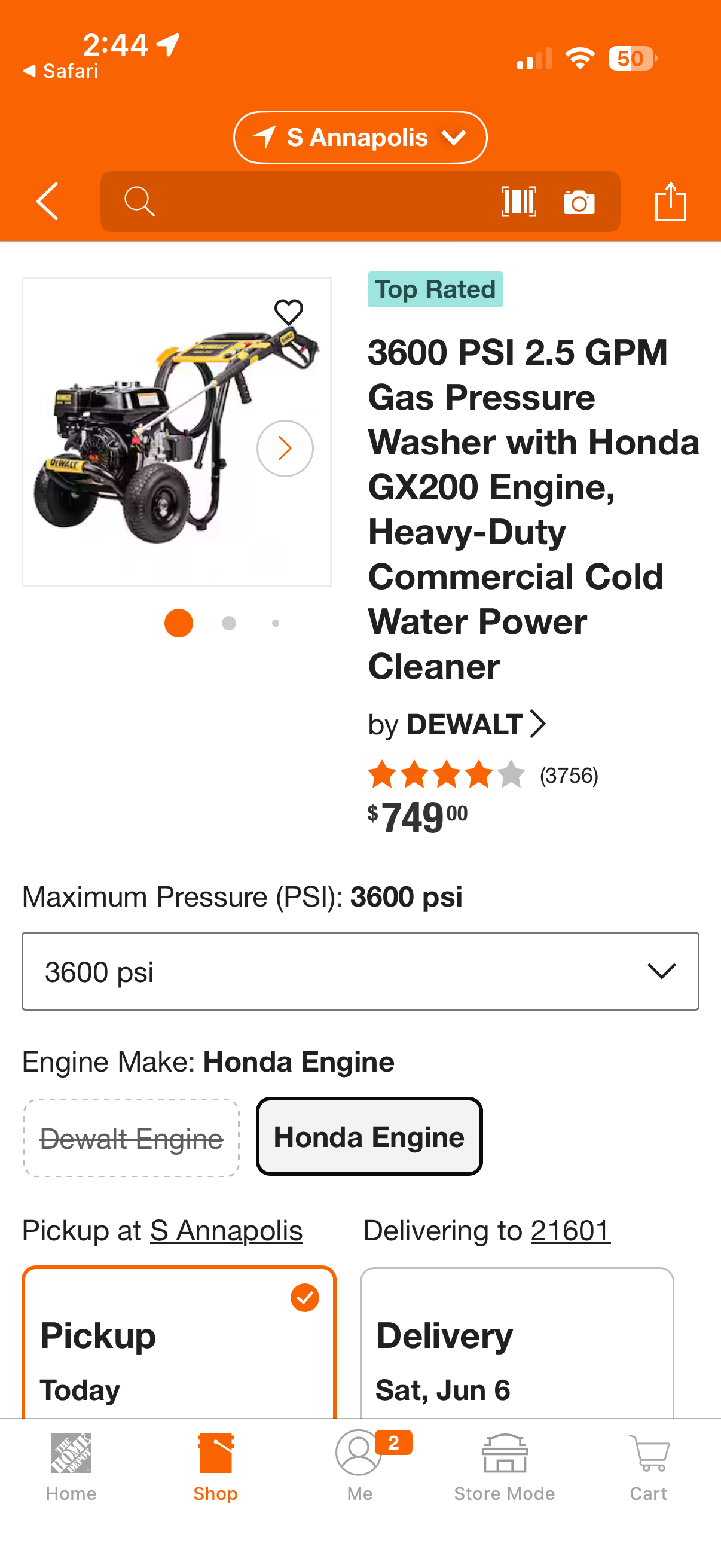 Dewalt 3600 PSI 2.5 GPM Honda GX200 Gas Pressure Washer