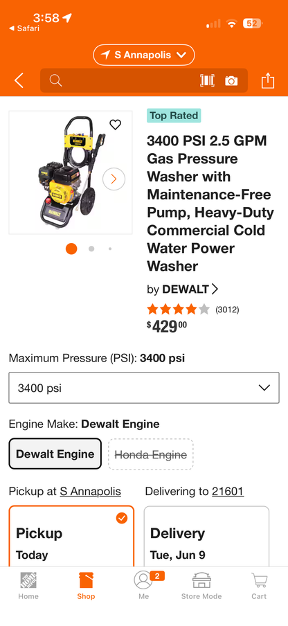 Dewalt 3400 PSI 2.5 GPM 208cc Gas Pressure Washer