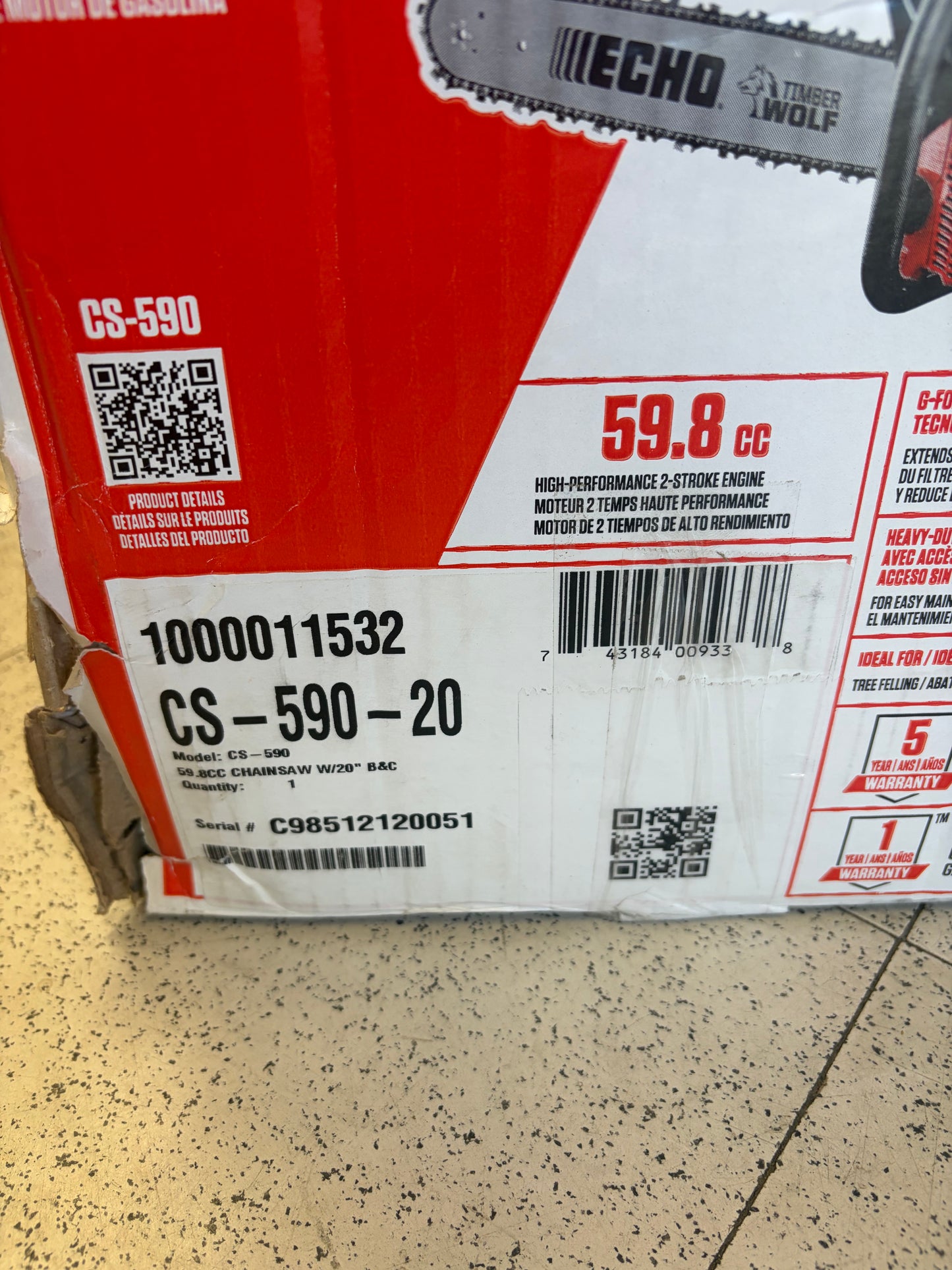 Echo CS-590 Timber Wolf 20” 59.8cc 2-Stroke Gas Chainsaw