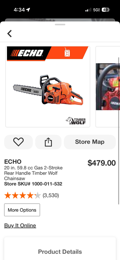 Echo CS-590 Timber Wolf 20” 59.8cc 2-Stroke Gas Chainsaw