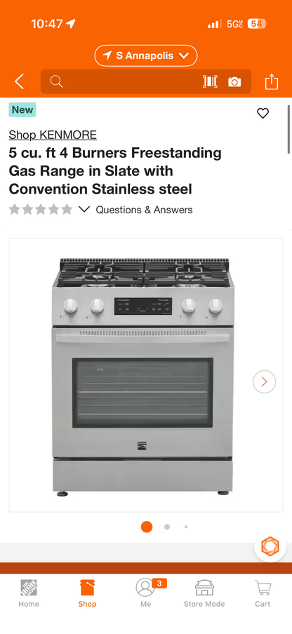 Kenmore 5 cu ft 4 Burner Stainless Steel Gas Range