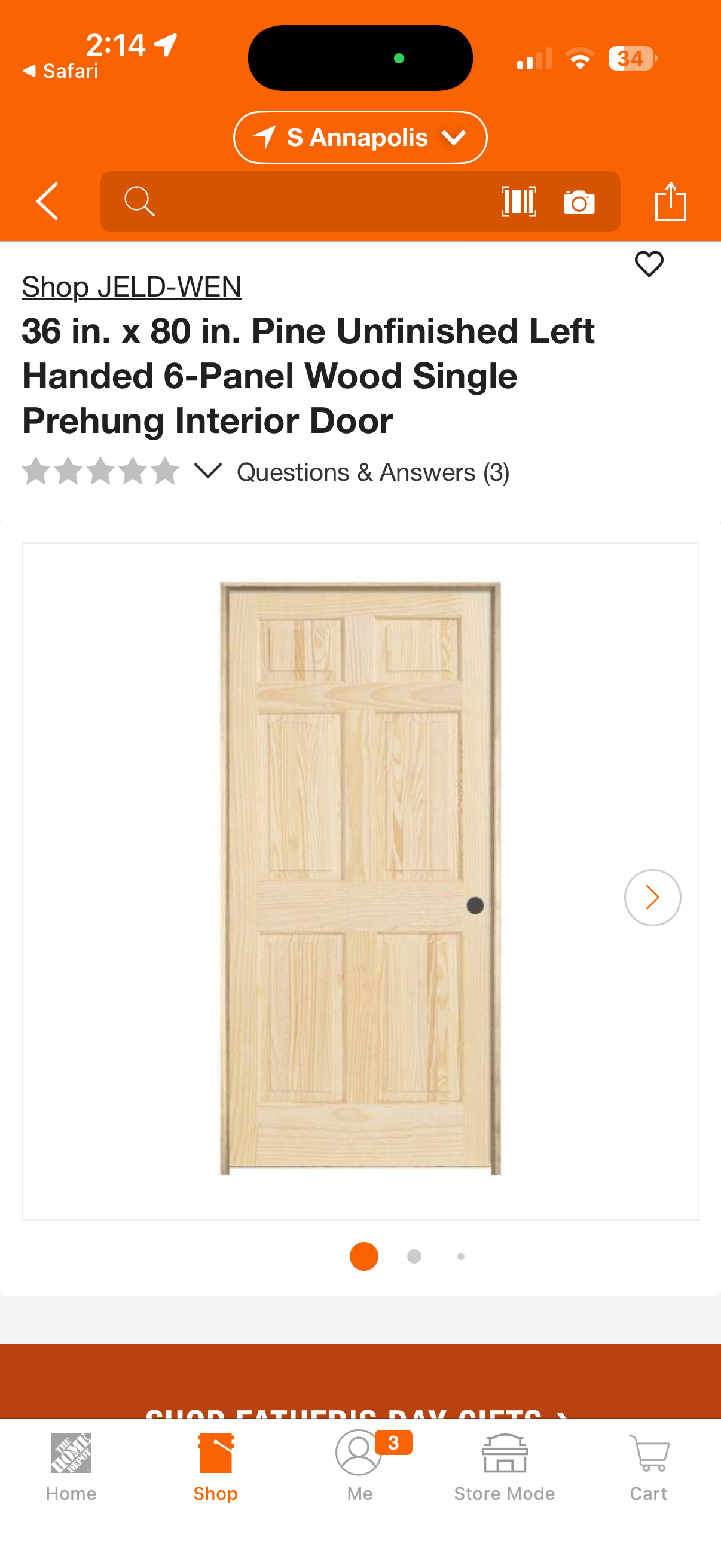 Jeld-Wen 36x80” Pine Unfinished Pre-Hung 6-Panel Wood Door