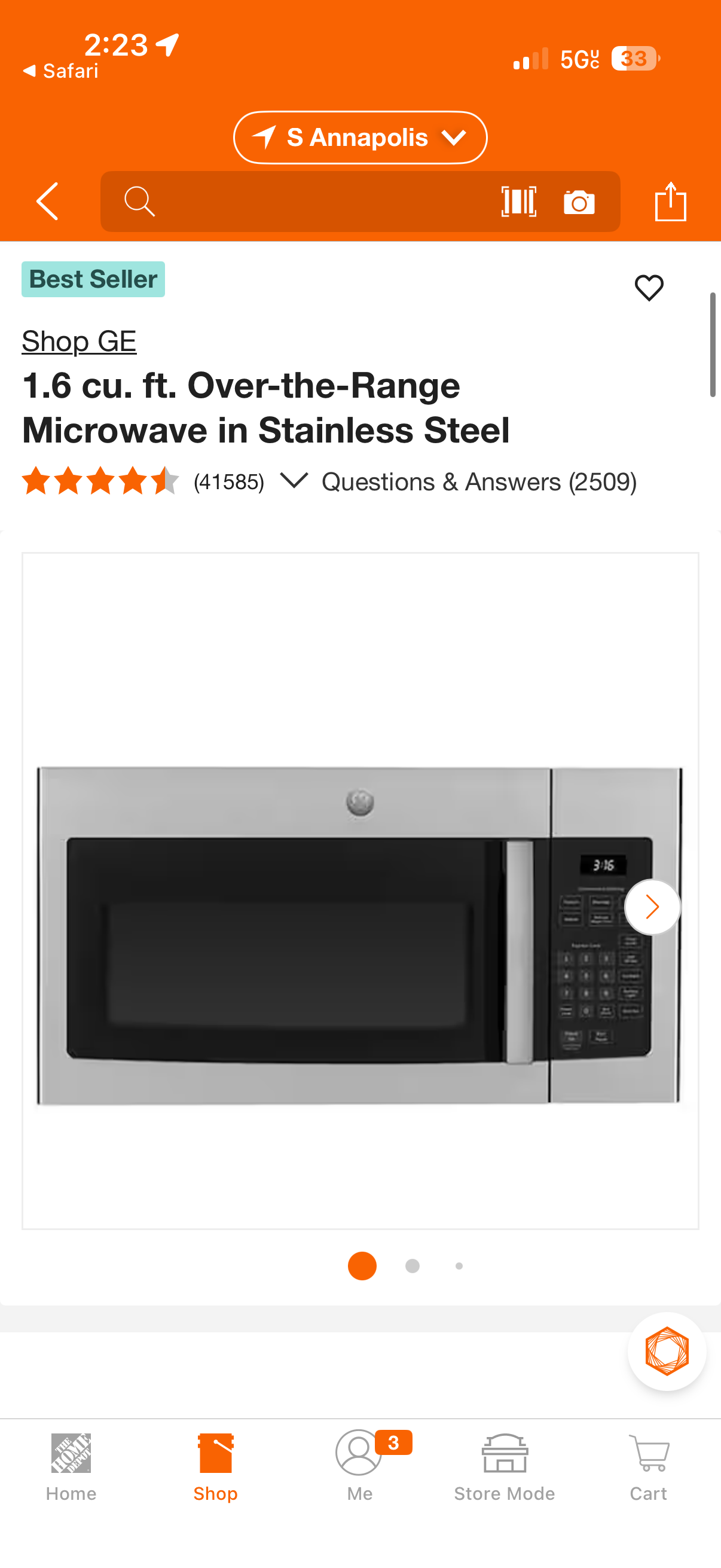 GE 30” 1.6 cu ft Over-the-Range Stainless Steel Microwave