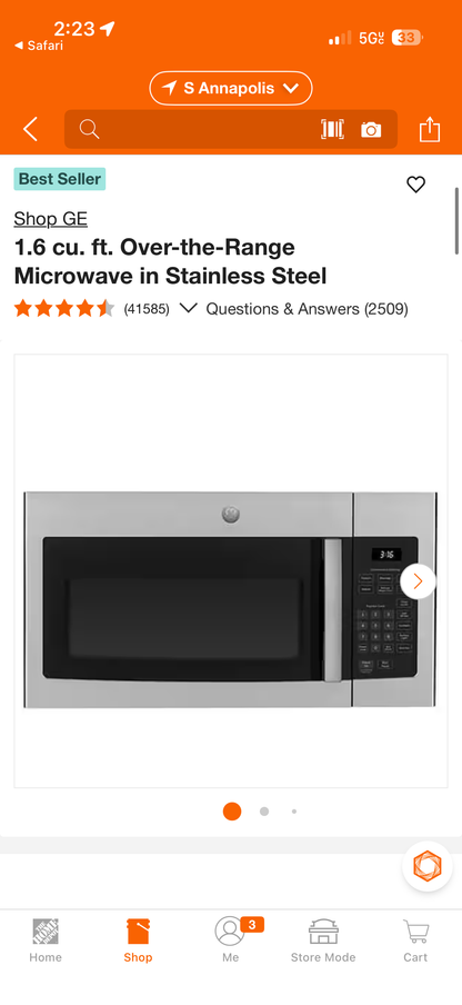 GE 30” 1.6 cu ft Over-the-Range Stainless Steel Microwave
