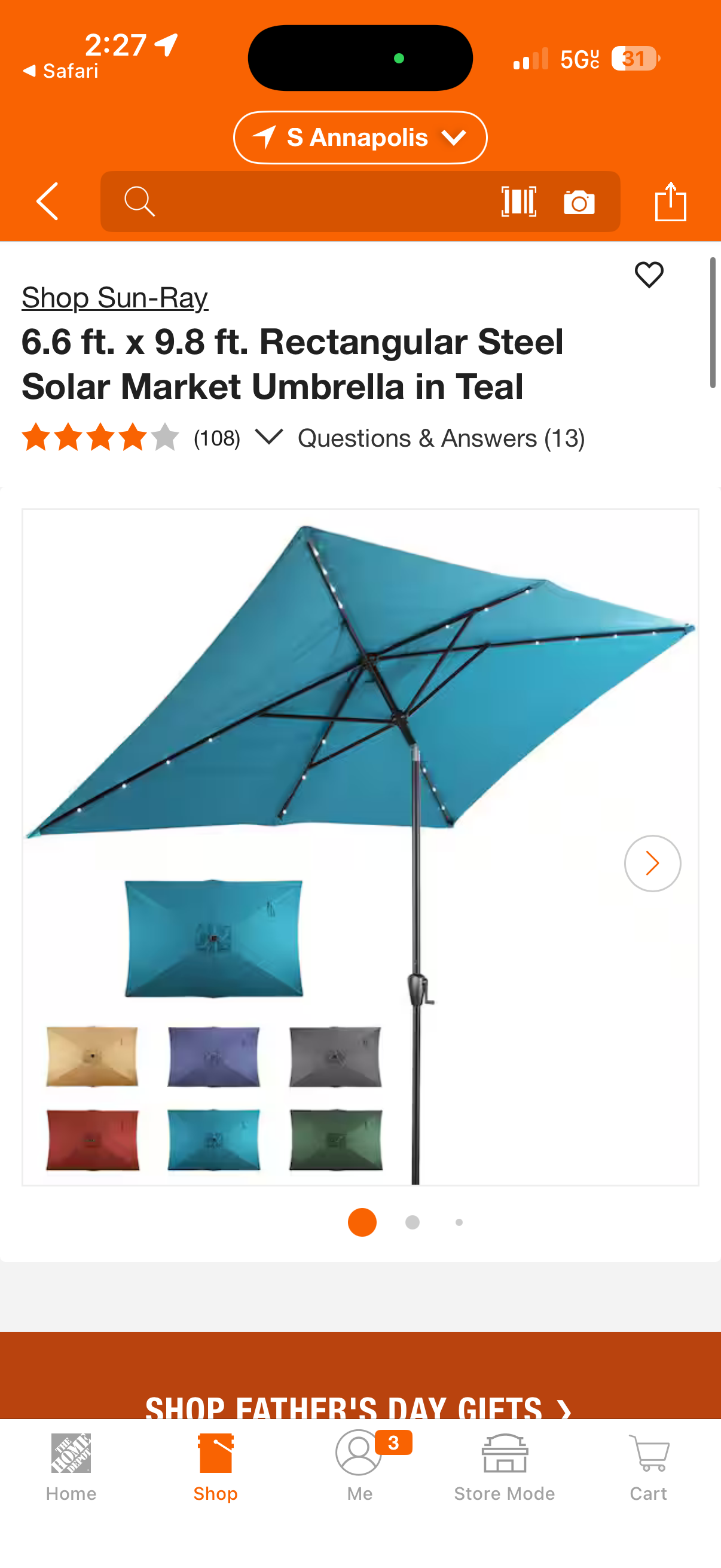 Sun-Ray 6.6x9.8ft Teal Steel Solar Outdoor Patio Umbrella