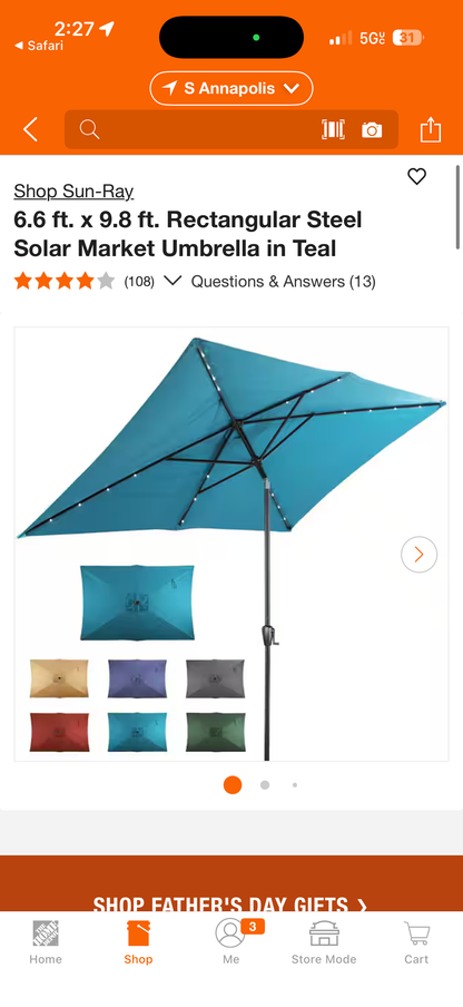 Sun-Ray 6.6x9.8ft Teal Steel Solar Outdoor Patio Umbrella