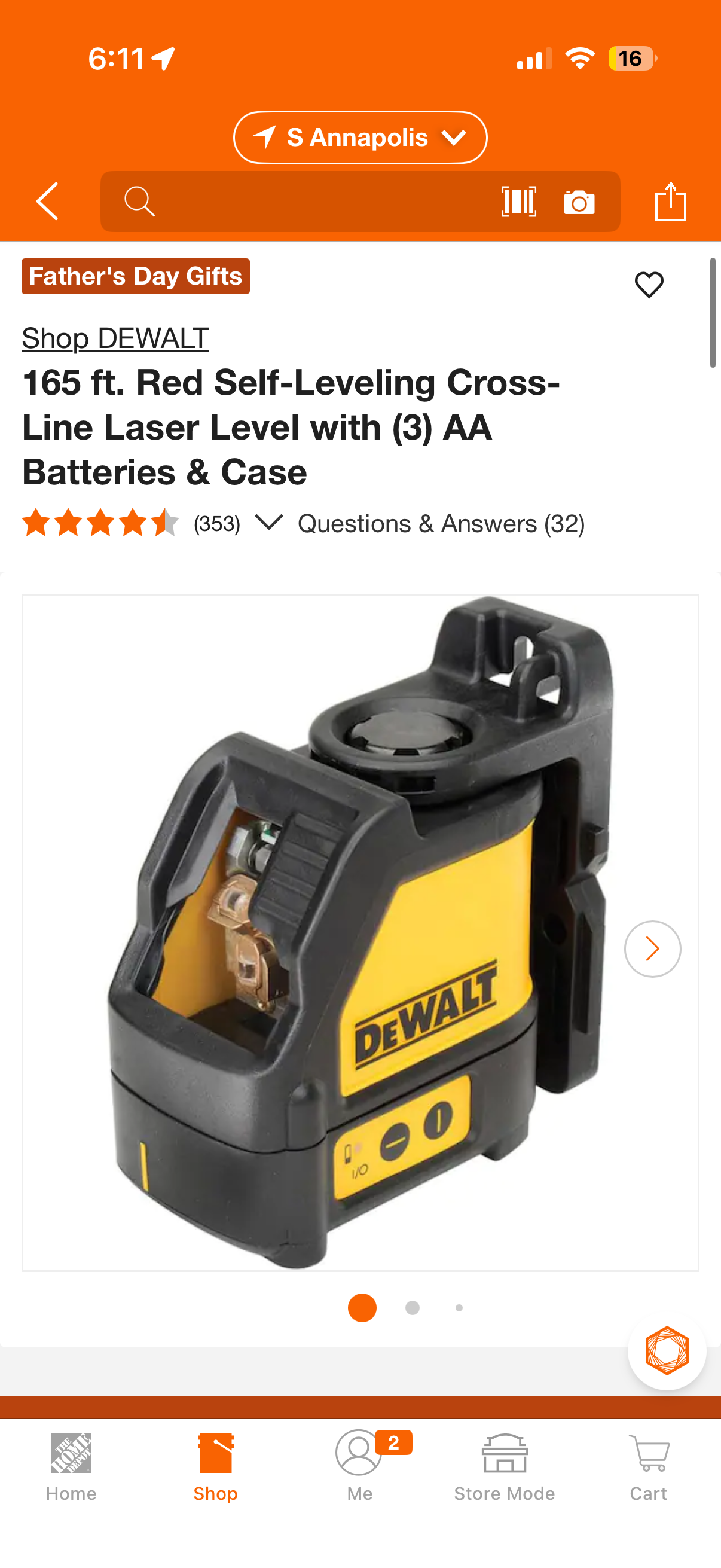 Dewalt DW087 165ft Red Self-Leveling Cross-Line Laser Level