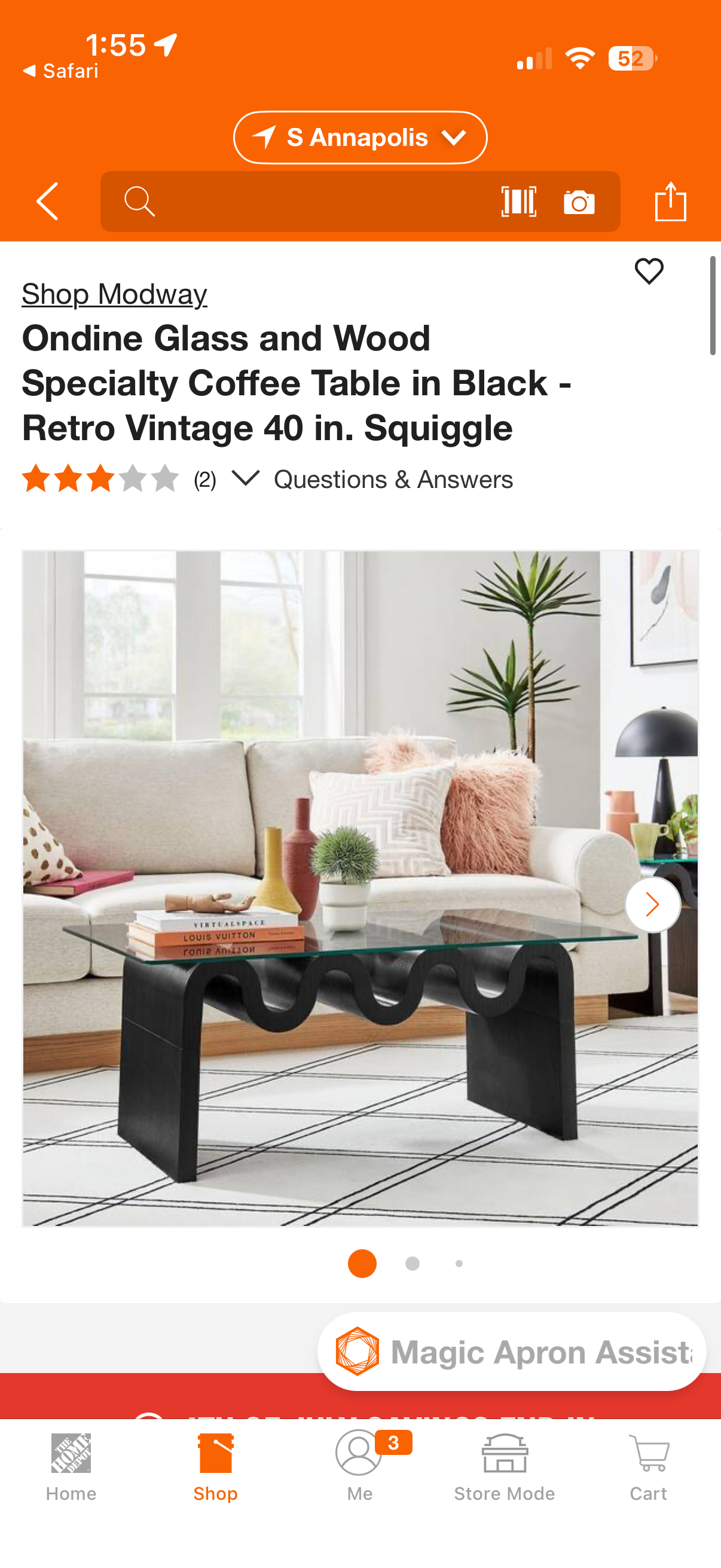 Modway Ondine Glass & Wood Retro Vintage Coffee Table