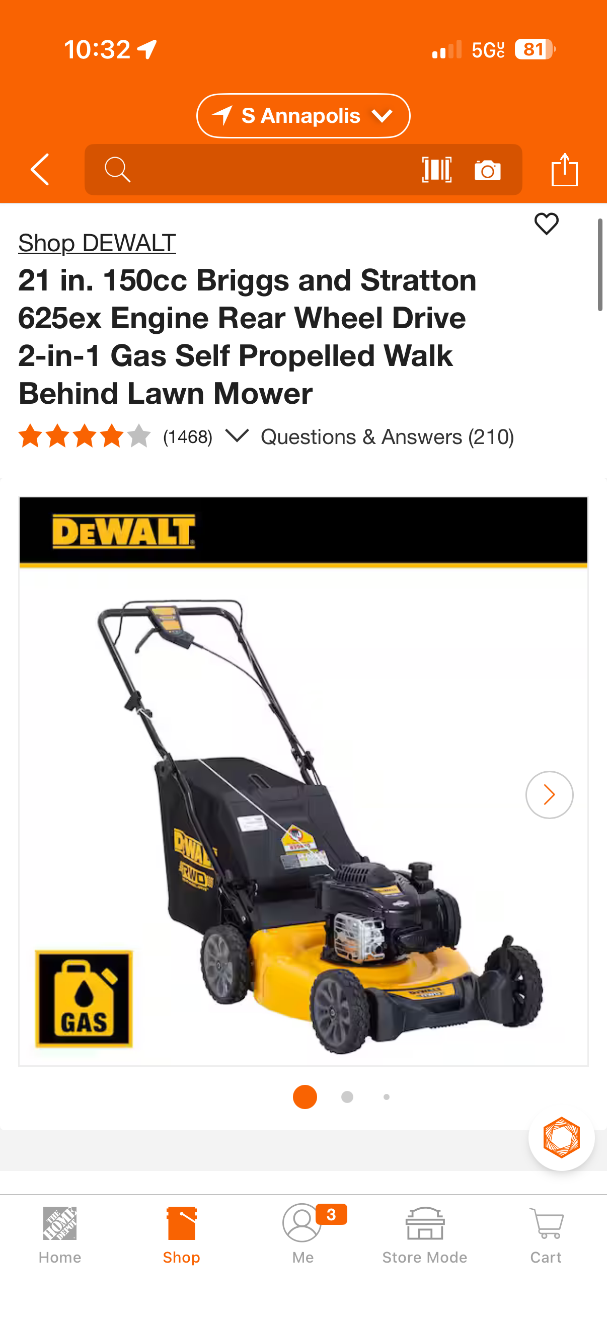 Dewalt 21” 150cc RWD Self Propelled Gas Lawn Mower