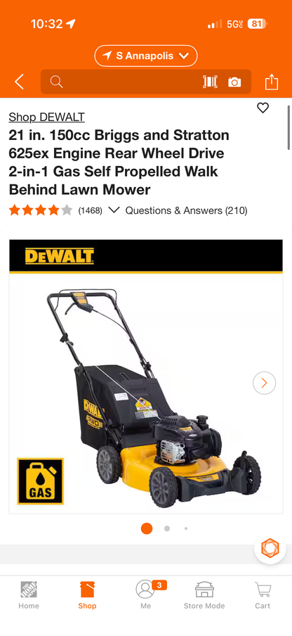 Dewalt 21” 150cc RWD Self Propelled Gas Lawn Mower