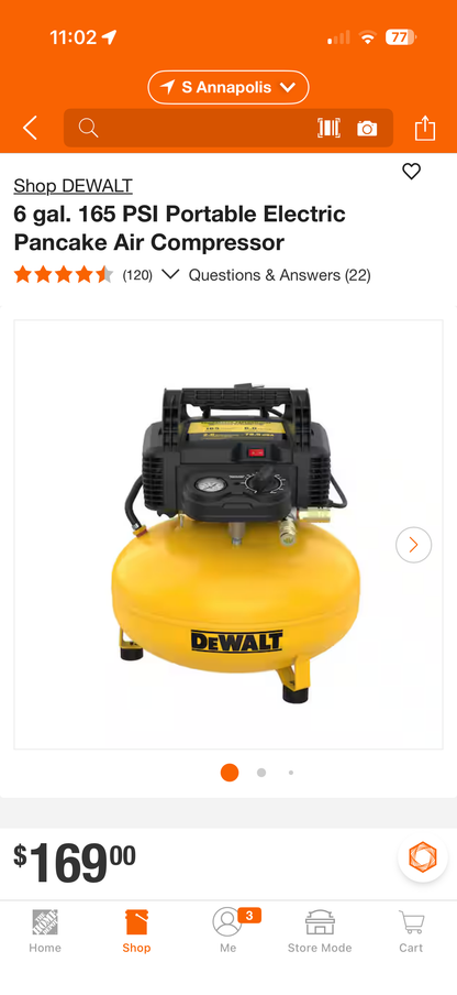 Dewalt 6G 165 PSI Portable Air Compressor