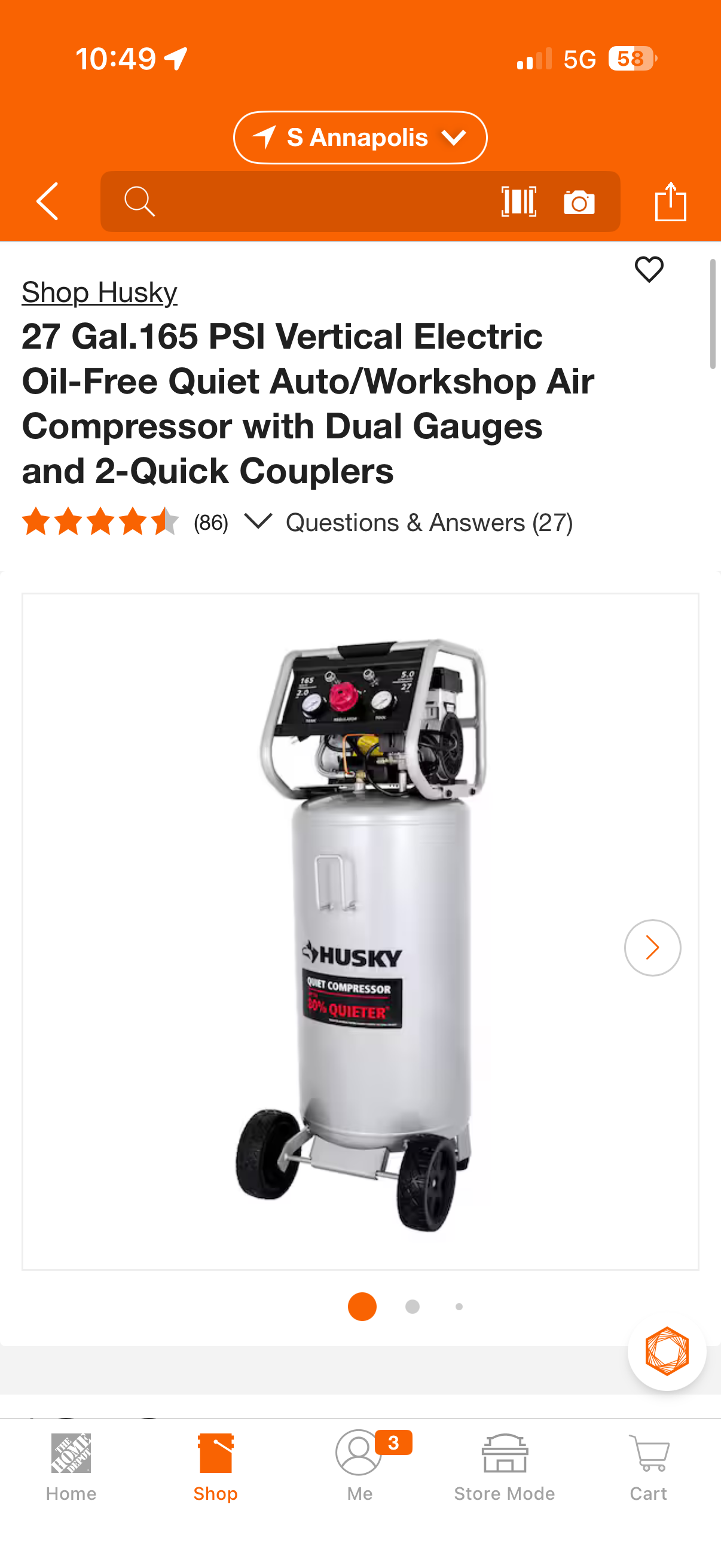 Husky 27G 165 PSI Oil Free Quiet Air Compressor