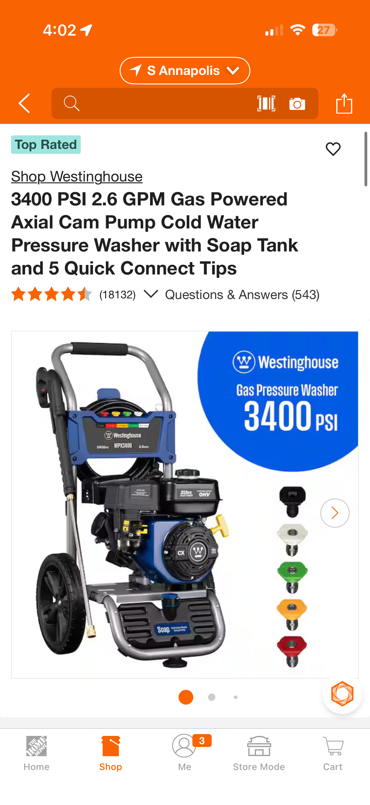 Westinghouse 3400 PSI 2.6 GPM 212cc Gas Pressure Washer