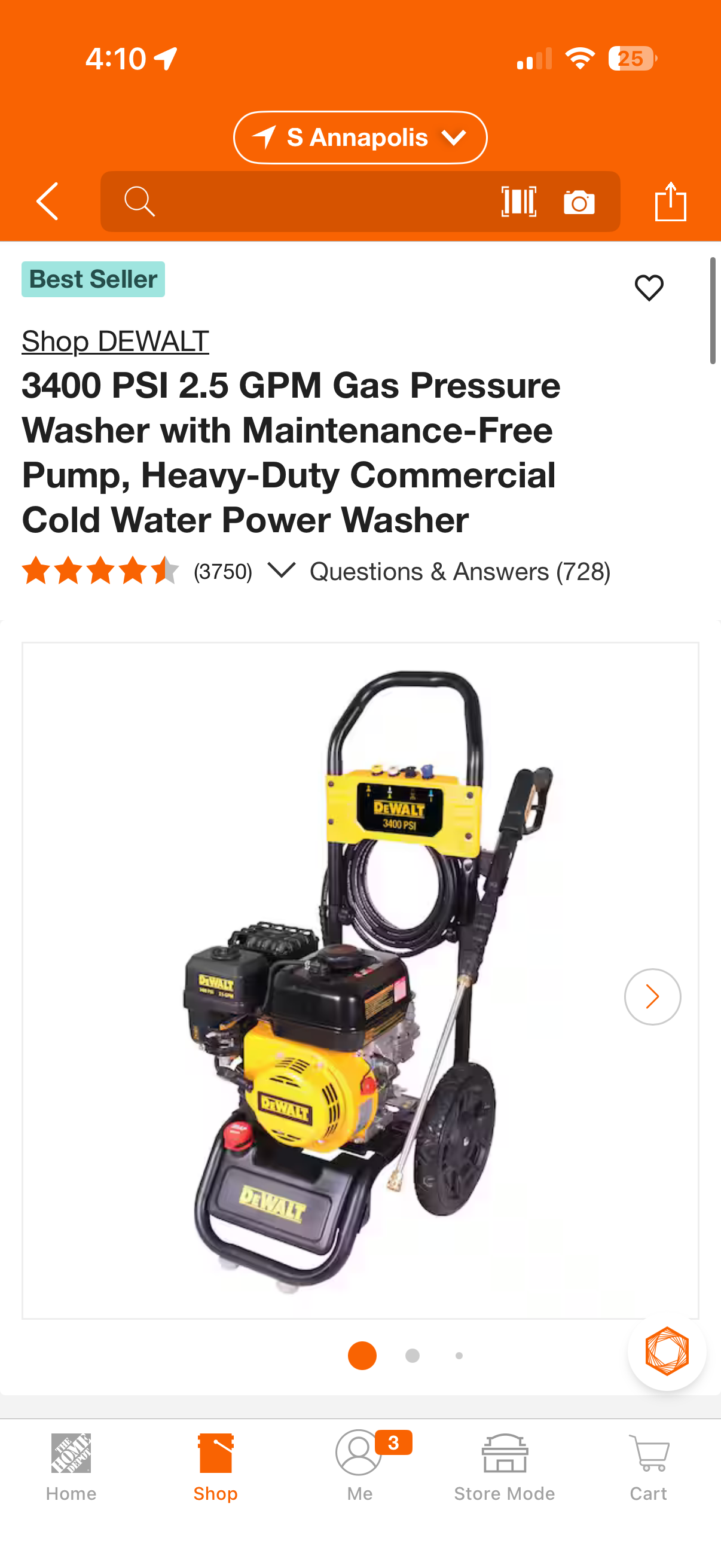 Dewalt 3400 PSI 2.5 GPM 208cc Gas Pressure Washer