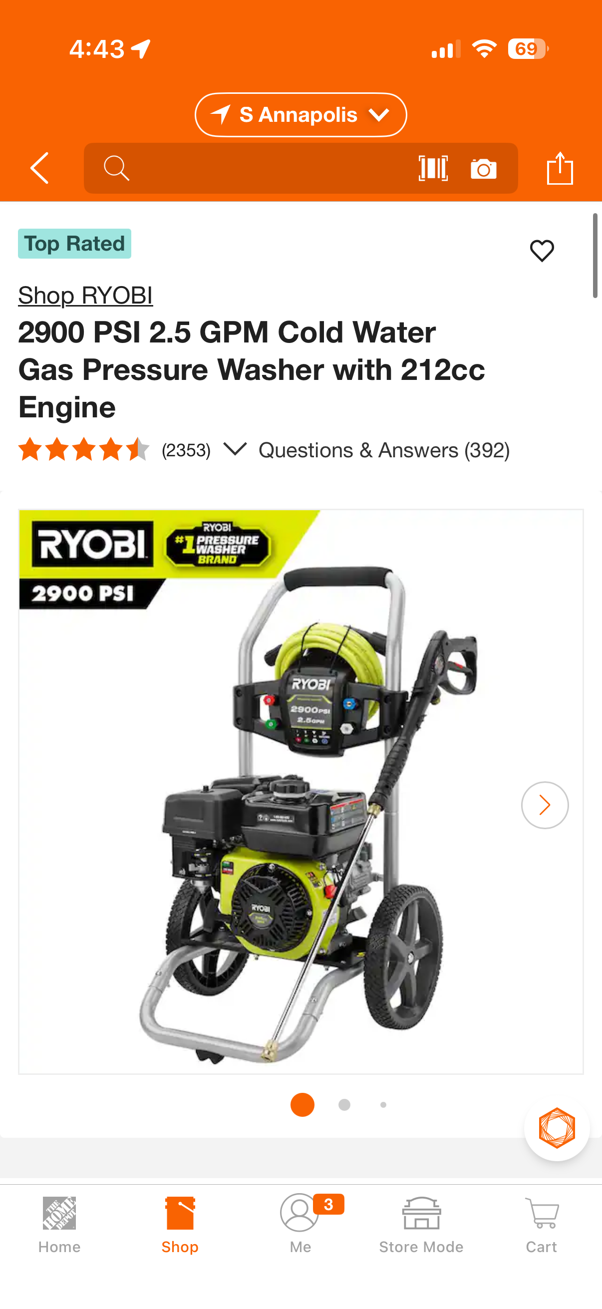 Ryobi 2900 PSI 2.5 GPM 212cc Gas Pressure Washer