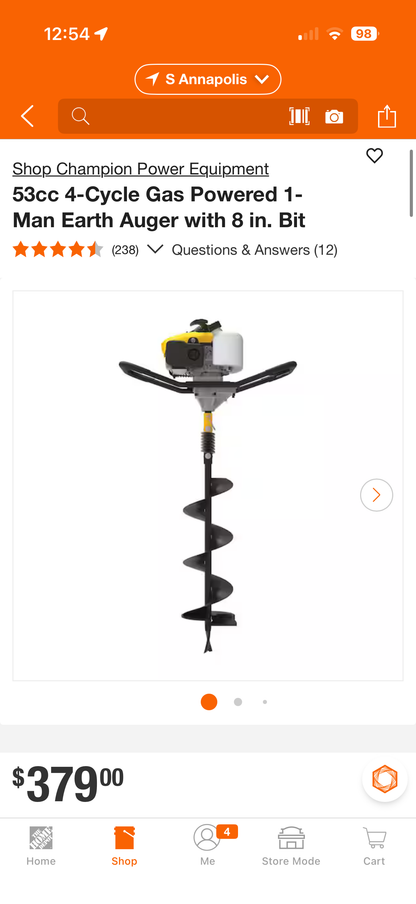 Champion 8” 53cc 4-Cycle Gas Earth Auger