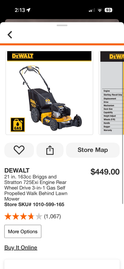 Dewalt 21” 163cc RWD Self Propelled Gas Lawn Mower