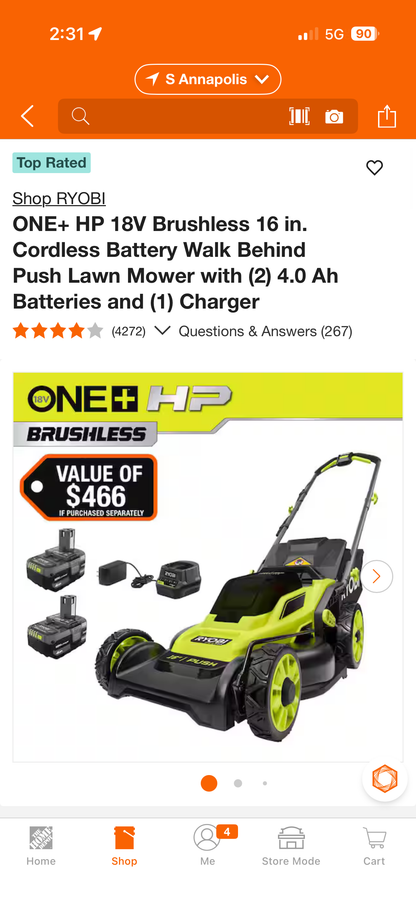Ryobi One+ 18v Brushless 16” PUSH Lawn Mower Kit