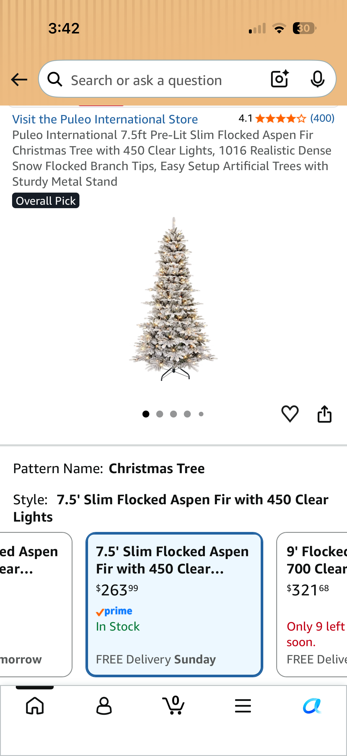 Puelo International 7.5ft Pre-Lit Slim Snow Flocked Aspen Fir Artificial Christmas Tree