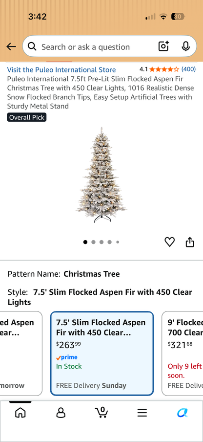 Puelo International 7.5ft Pre-Lit Slim Snow Flocked Aspen Fir Artificial Christmas Tree