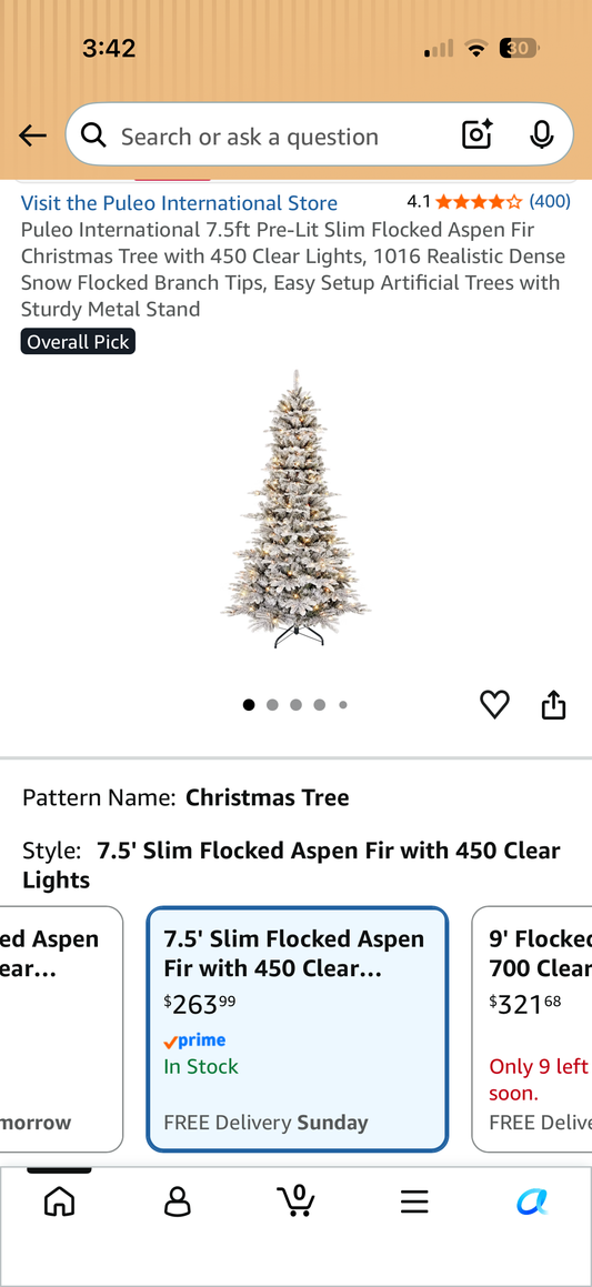 Puelo International 7.5ft Pre-Lit Slim Snow Flocked Aspen Fir Artificial Christmas Tree