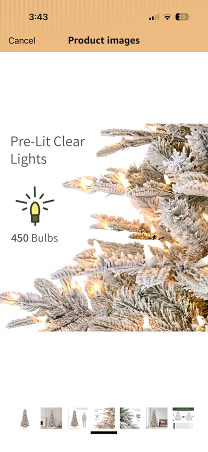 Puelo International 7.5ft Pre-Lit Slim Snow Flocked Aspen Fir Artificial Christmas Tree