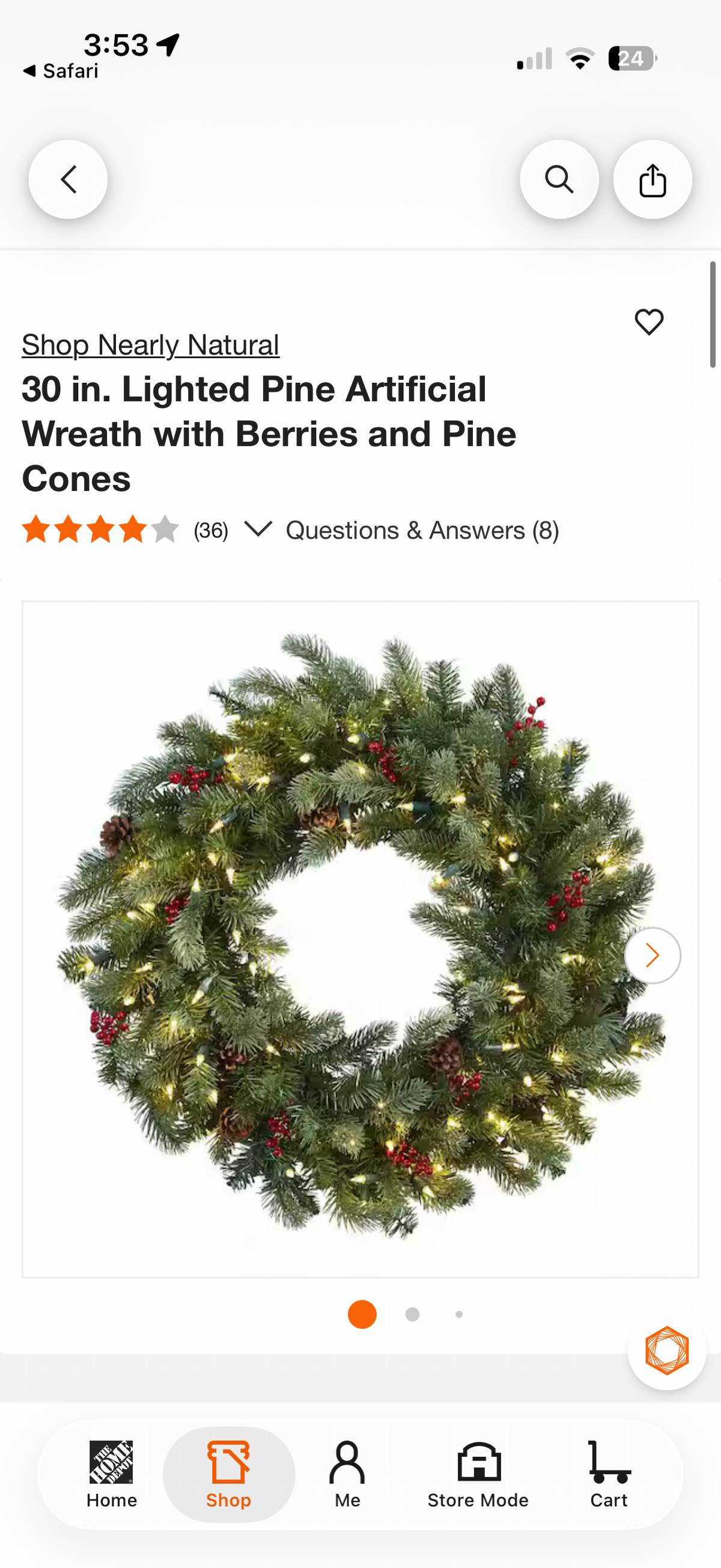 Nearly Natural 30” Pine Artificial Wreath