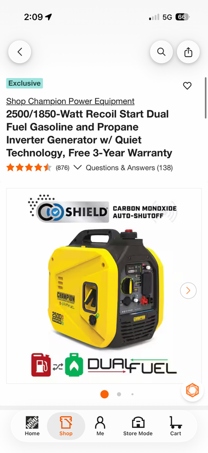 Champion 2500W Dual Fuel Portable Gas Inverter Generator