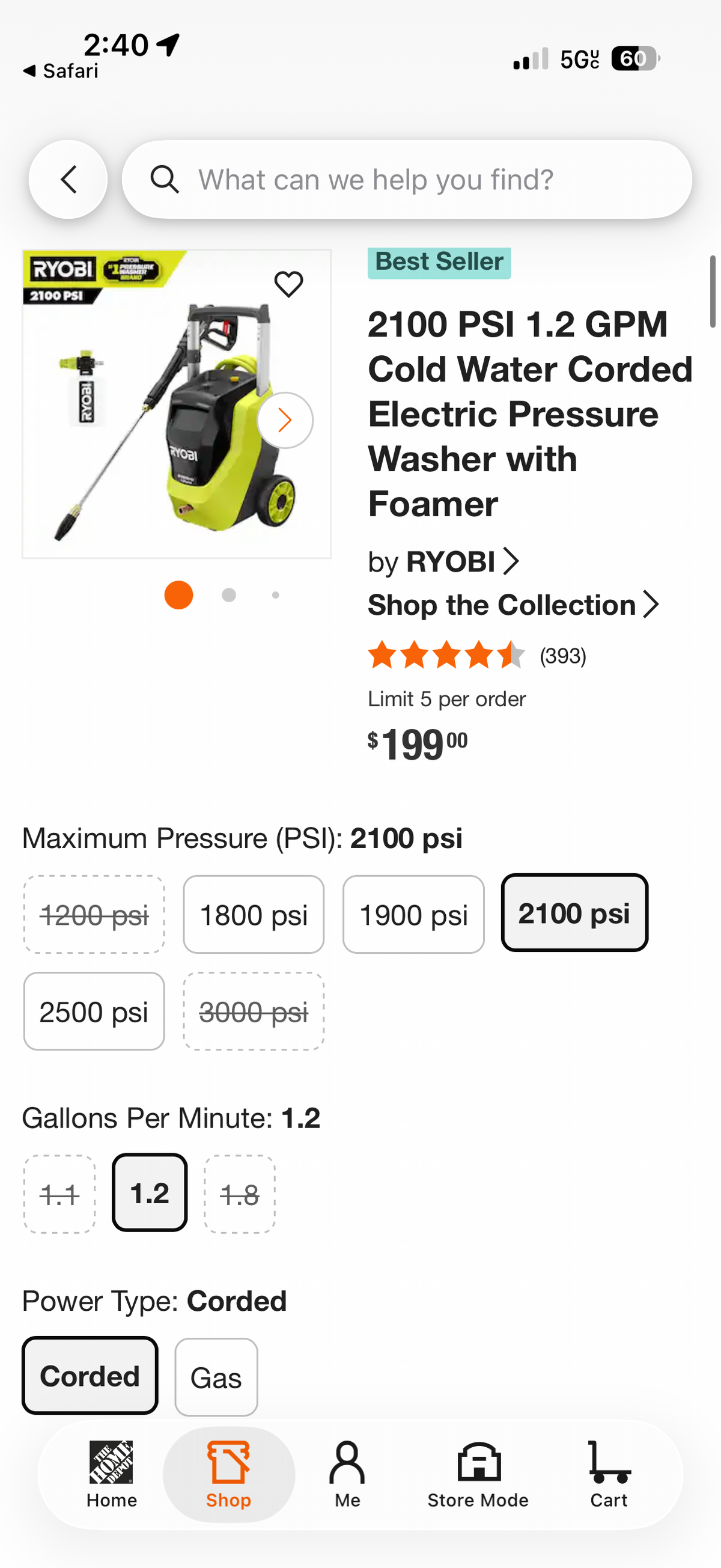 Ryobi 2100 PSI 1.2 GPM Electric Pressure Washer