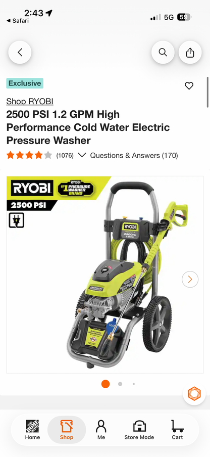 Ryobi 2500 PSI 1.2 GPM HP Electric Pressure Washer