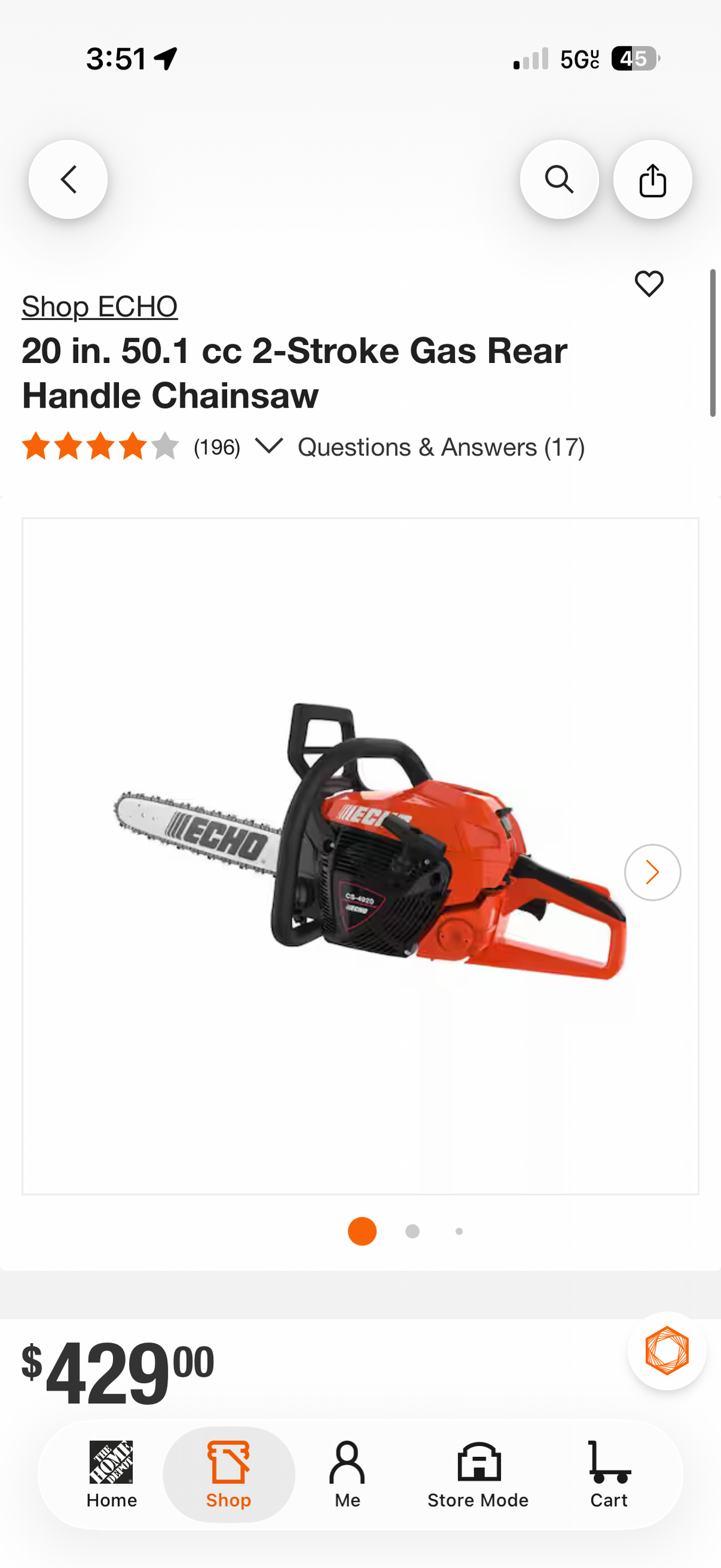 Echo CS-4920 20” 50.1cc 2-Stroke Gas Chainsaw