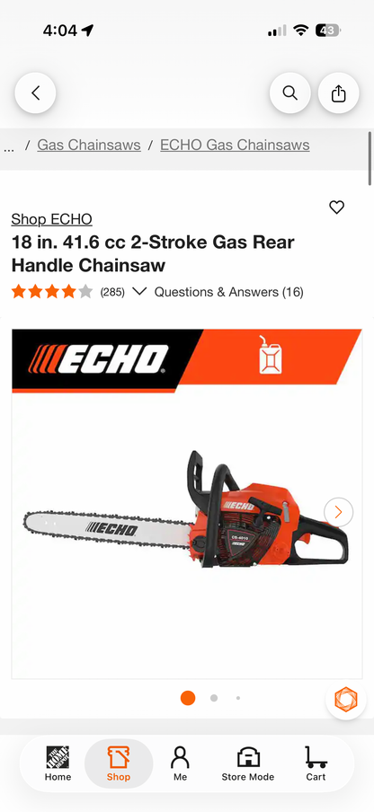 Echo CS-4010 18” 41.6cc 2-Stroke Gas Chainsaw