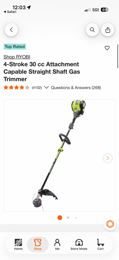 Ryobi 30cc 4-Stroke Gas Attachment Capable Trimmer