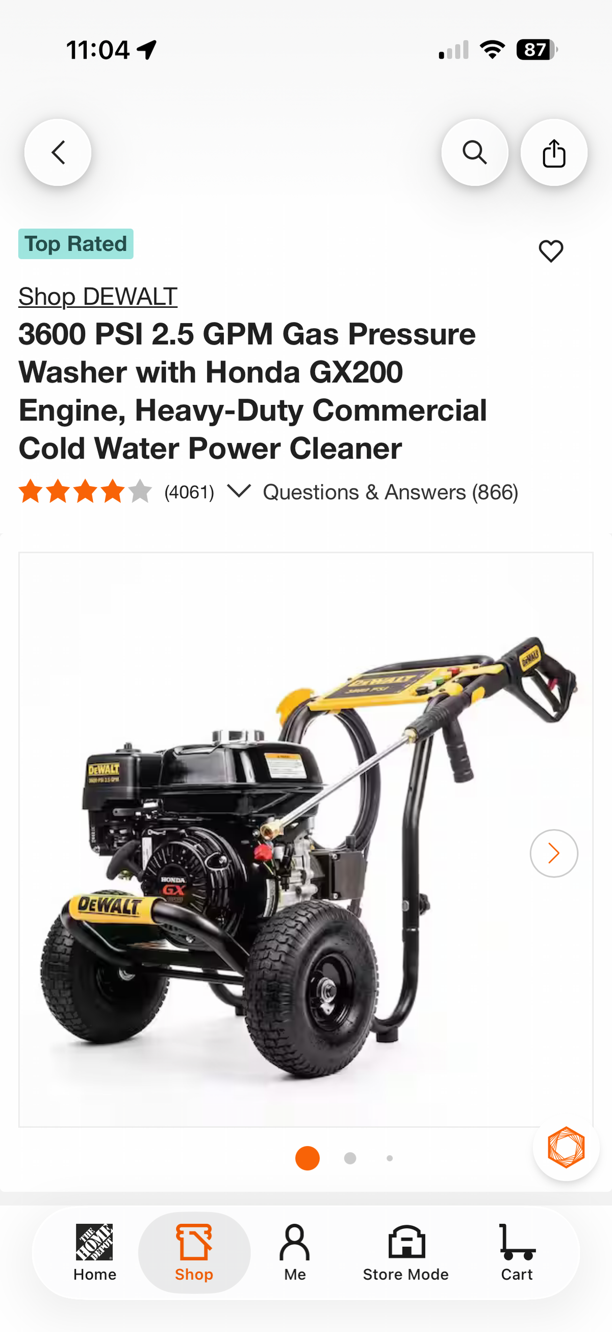 Dewalt 3600 PSI 2.5 GPM Honda GX200 Gas Pressure Washer