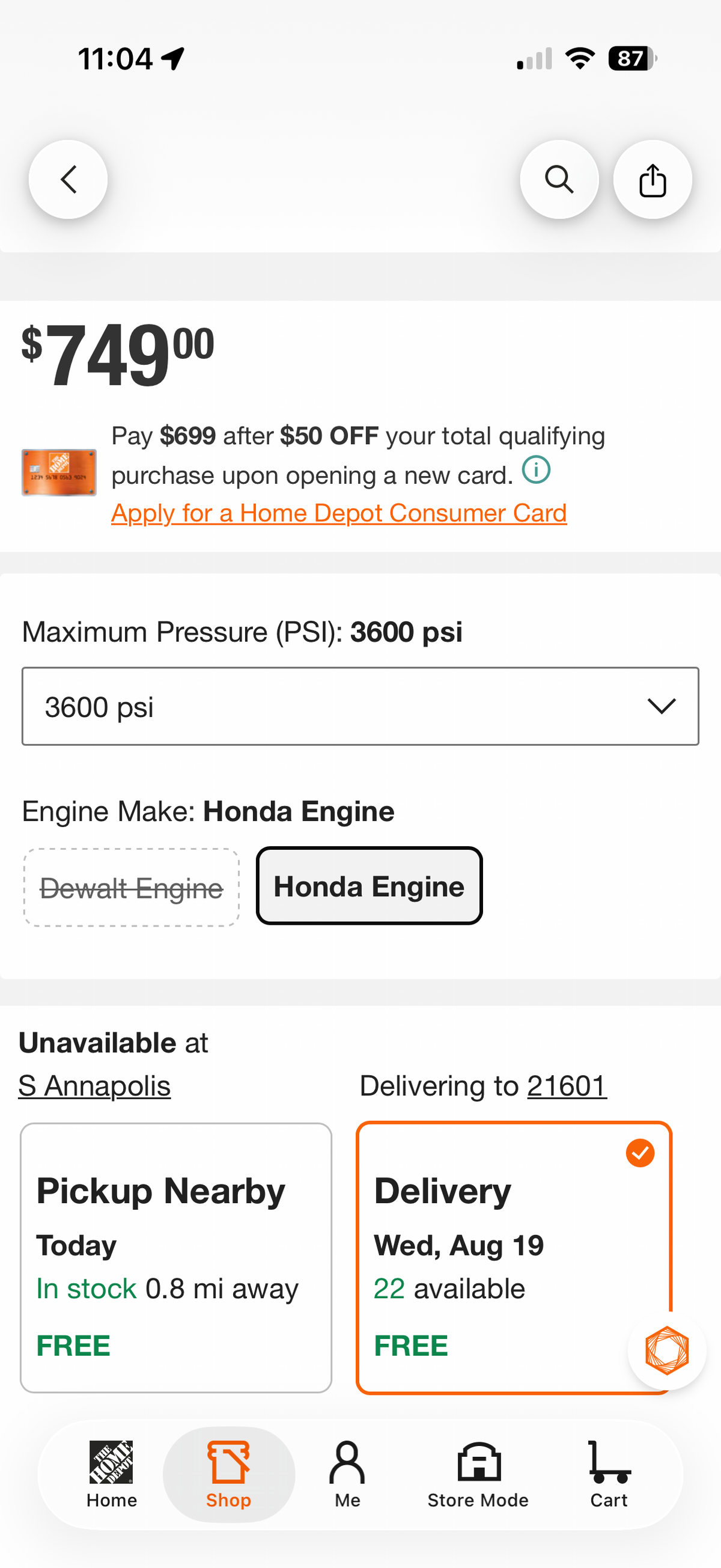 Dewalt 3600 PSI 2.5 GPM Honda GX200 Gas Pressure Washer