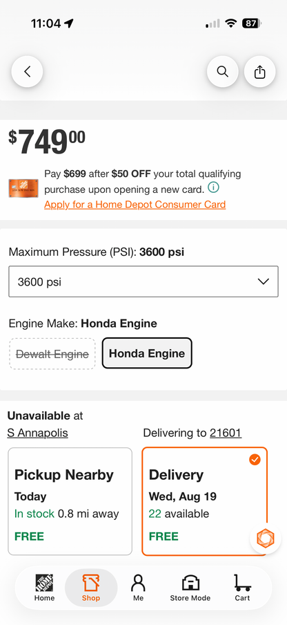 Dewalt 3600 PSI 2.5 GPM Honda GX200 Gas Pressure Washer
