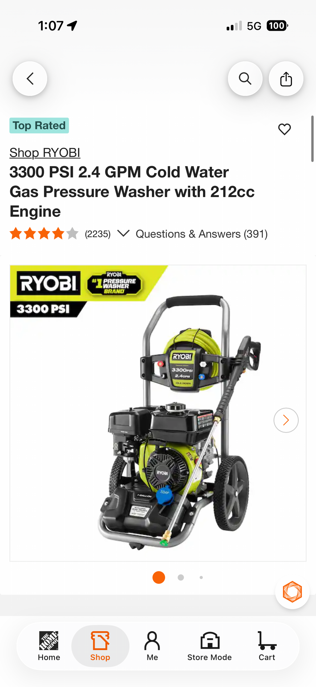 Ryobi 3300 PSI 2.4 GPM 212cc Gas Pressure Washer