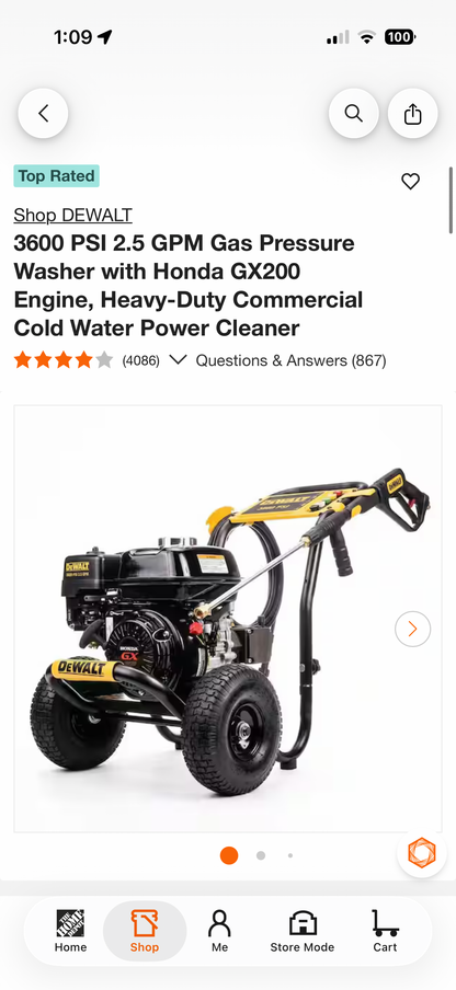 Dewalt 3600 PSI 2.5 GPM Honda GX200 Gas Pressure Washer