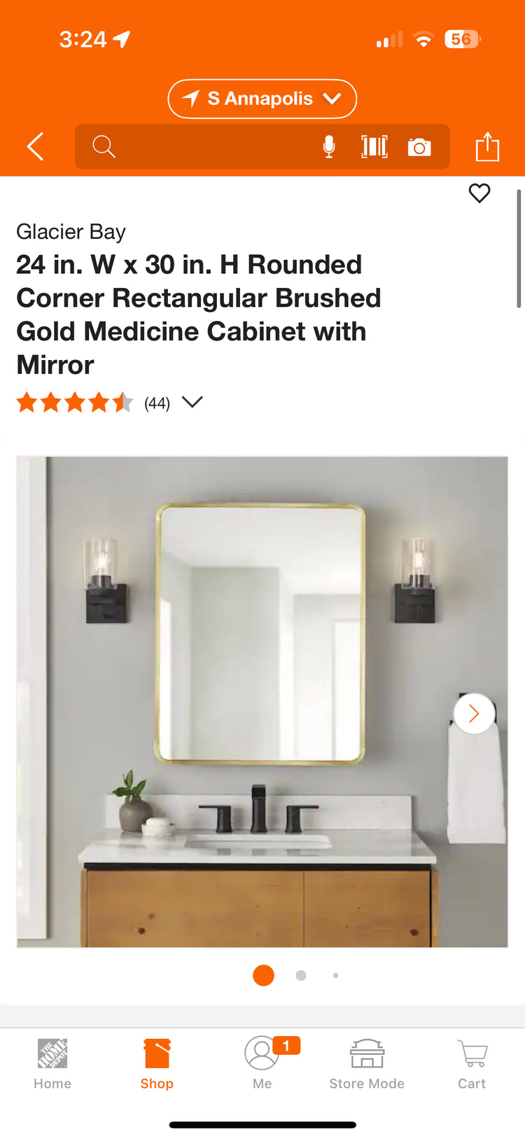 Glacier Bay 24x30” Brushed Gold Medicine Cabinet w/Mirror