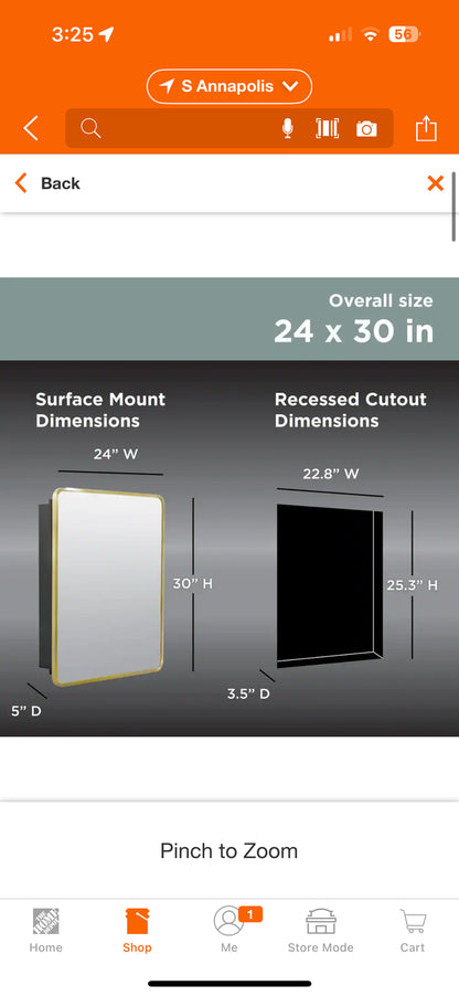 Glacier Bay 24x30” Brushed Gold Medicine Cabinet w/Mirror