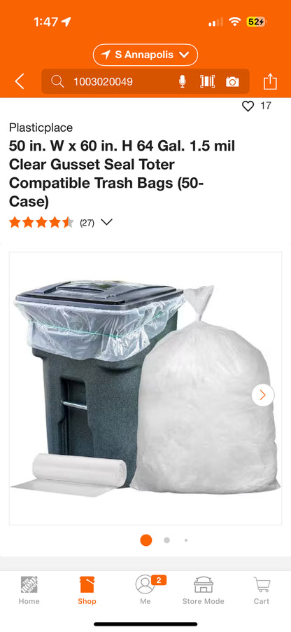 Plasticplace 64 Gallon 50-Pack Clear Toter Compatible Trash Bags