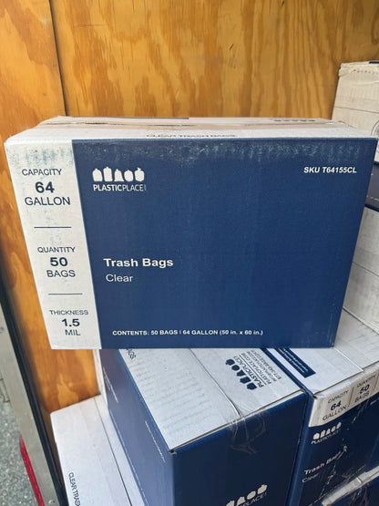 Plasticplace 64 Gallon 50-Pack Clear Toter Compatible Trash Bags