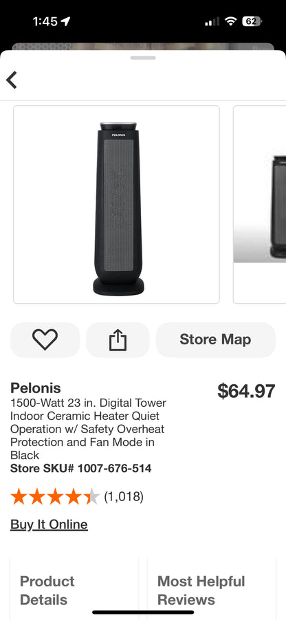 Pelonis 23” 1500W Digital Ceramic Tower Space Heater