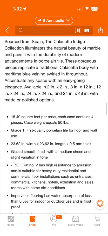 Ivy Hill Calacatta Indigo 24x24” Matte Porcelain Floor & Wall Tile
