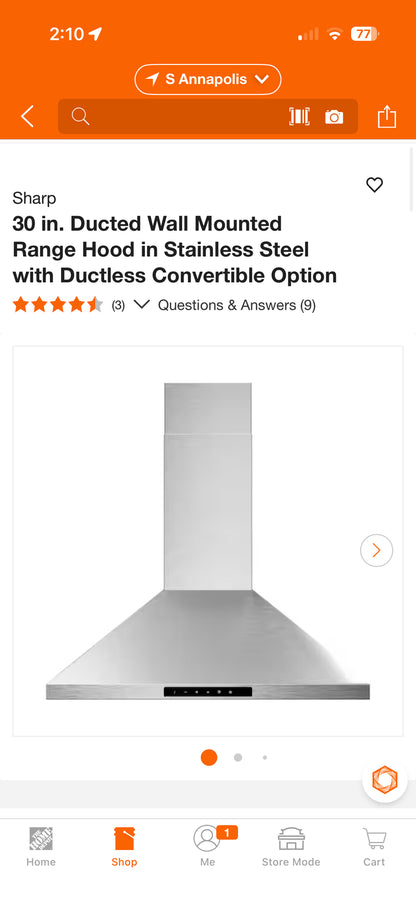 Sharp 30” Convertible Wall Mount Stainless Steel Range Hood